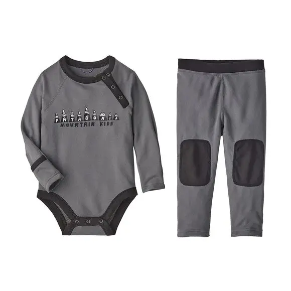 Recalled Infant Capilene Midweight Base Layer Set in gray and black with "Patagonia Mountain Kids"