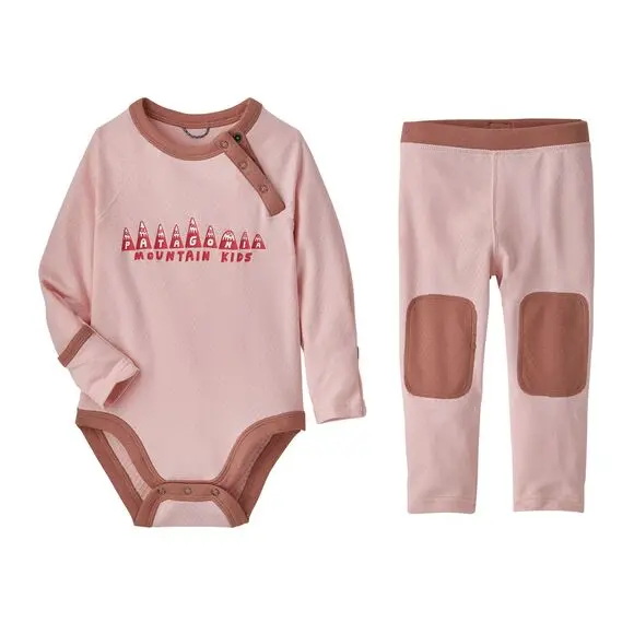 Recalled Infant Capilene Midweight Base Layer Set in pink with "Patagonia Mountain Kids"