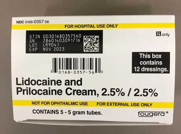 Recalled Lidocaine and Prilocaine Cream - Carton of 5 – 5 gram tubes with 12 dressings - NDC 0168-0357-56