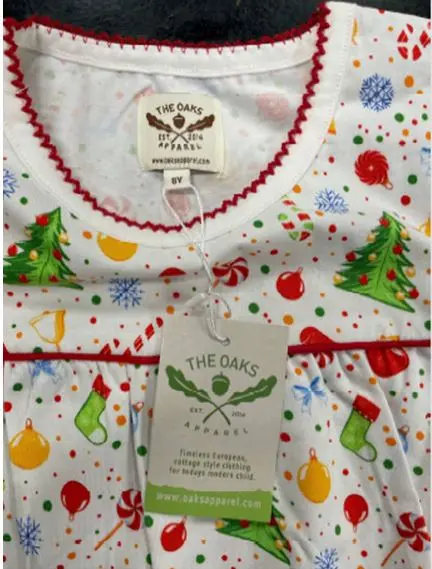 Recalled Oaks Apparel Company Children's Nightgown's sewn-in neck label