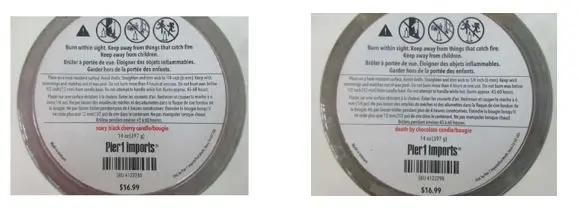 Recalled Pier 1 Imports Three-Wick candles with respective SKU numbers