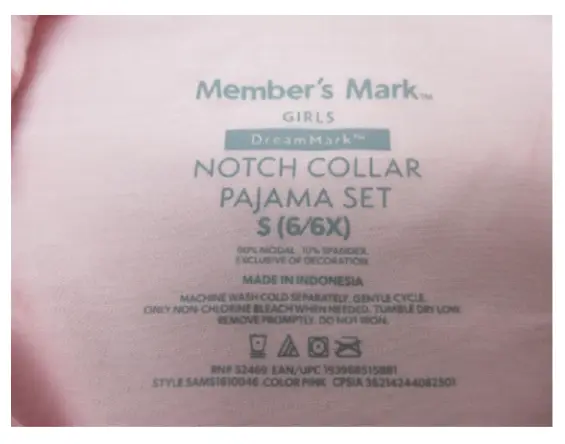 "Member's Mark" and the size are printed on the recalled pajama's neck label