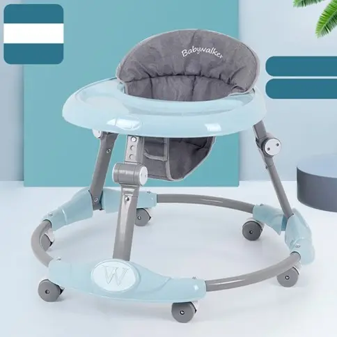 Recalled Zeno infant walker with gray frame, gray seat with "Babywalker" stitching and teal tray