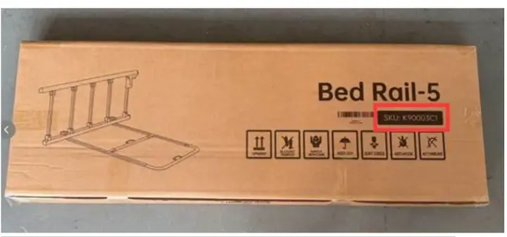 The SKU number is printed on the packaging of the recalled ELENKER bed rail
