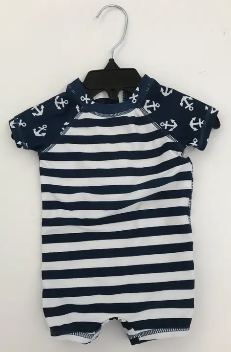 Recalled white and navy stripes anchor pattern Wave Zone Zip Swimsuit