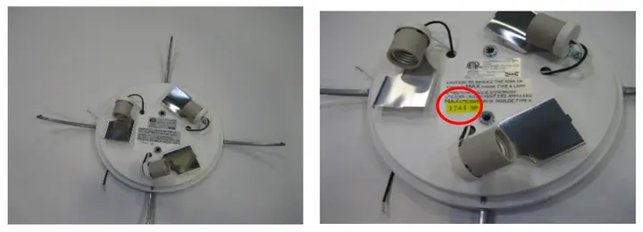 Remove the lamp shade to see this sticker.  Recalled lamps have date codes between 1625 and1744.