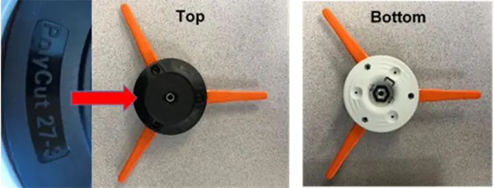 Recalled STIHL PolyCut 27-3, top of mowing head, showing location of model number and a photo of the bottom of the mowing head.
