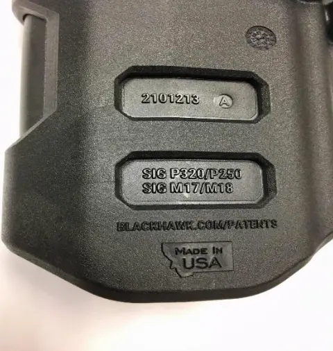 Recalled gun holster marking "2101213 A"