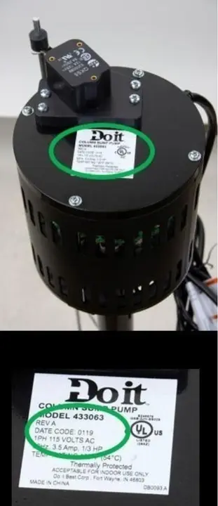 Recalled Do It sump pump and manufacture label