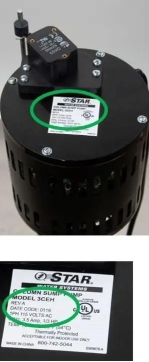 Recalled Star Water Systems sump pump and manufacture label