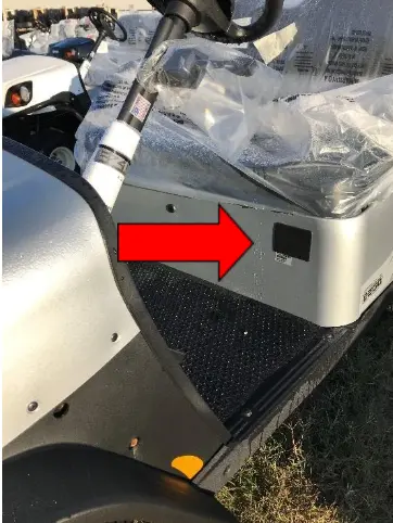 Recalled specialized vehicle with red arrow marking the serial number’s location