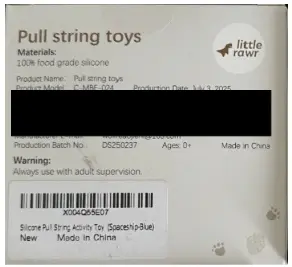 Recalled Little Rawr Silicone Pull String Teething Toys- Back of packaging