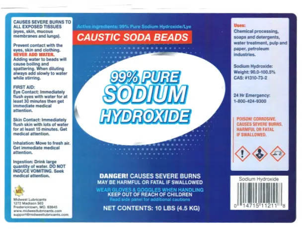 Recalled Midwest Lubricants 99% Pure Sodium Hydroxide Caustic Soda Beads label