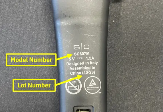 Model and Lot number location on the recalled clippers