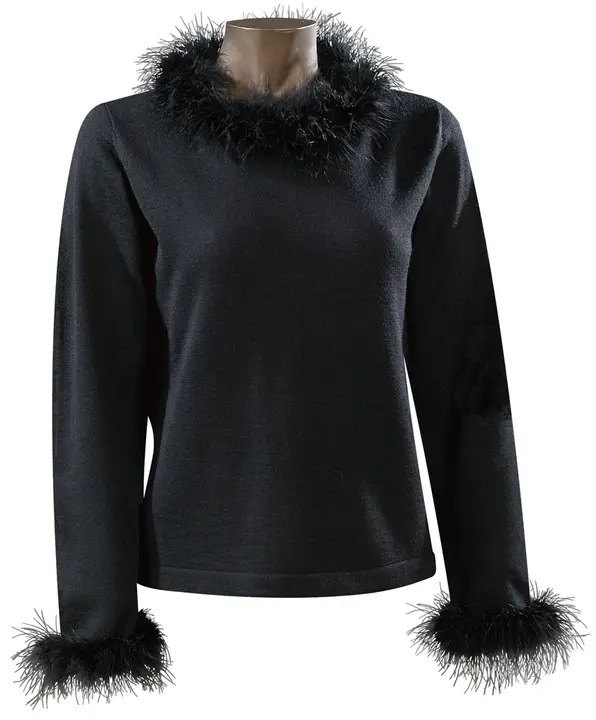 Recalled Christmas sweater with marabou feather trim