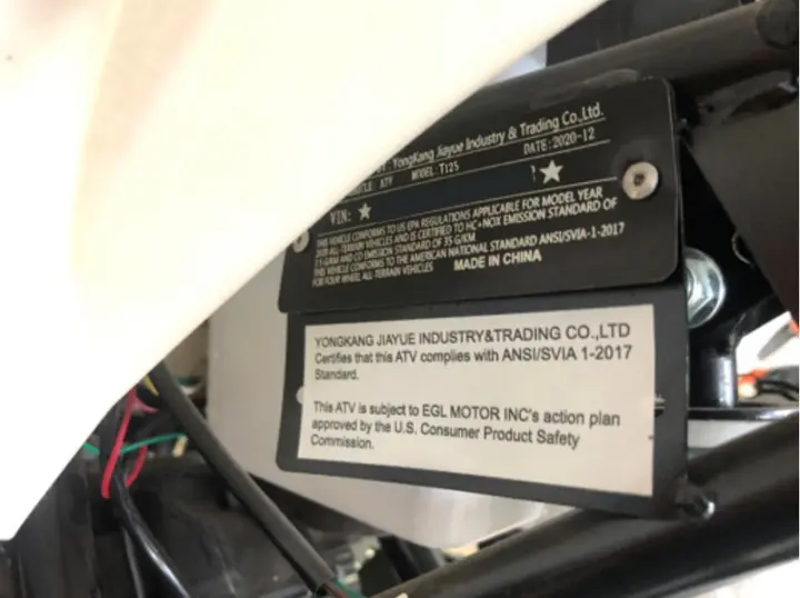 Model number plate for recalled ACE T125 Youth ATV