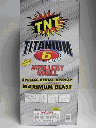 Recalled "T6" Titanium 6 Break Artillery Shell Fireworks, back of package