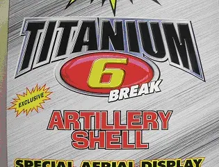 Recalled "T6" Titanium 6 Break Artillery Shell Fireworks, back of package