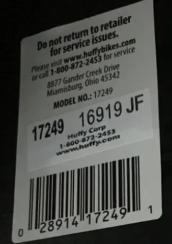 Model number and date code located on underside of recalled Huffy Torex