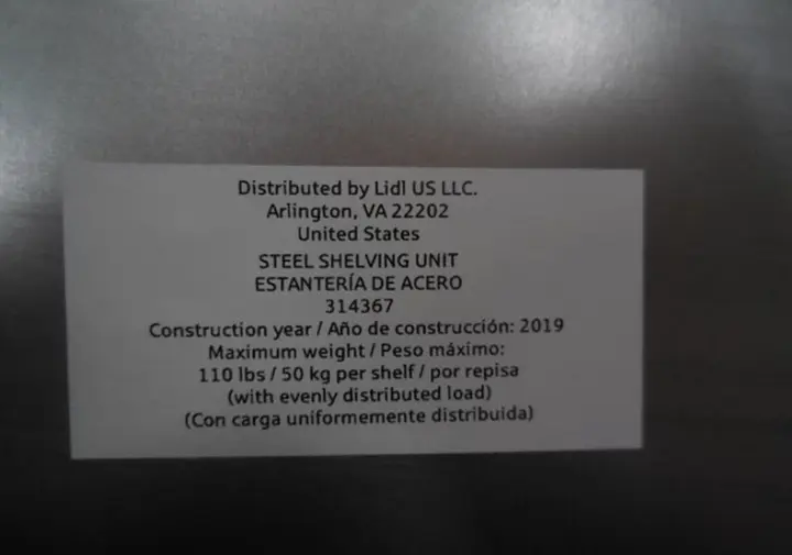 White Sticker with Article Number on Recalled Lidl Powerfix Shelving Unit