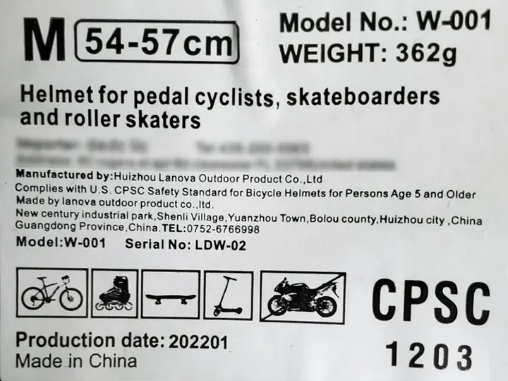 White label inside helmet showing production date 202201