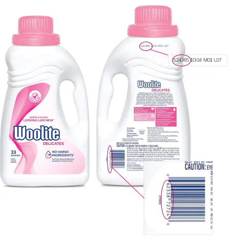 Recalled Woolite Delicates detergent, 50 fluid ounces and location of lot code and SKU