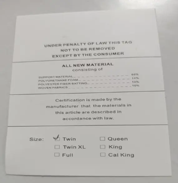 The size is printed on the sewn-in label of the recalled WinxMatrs mattress