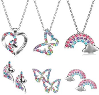 Recalled Yaomiao Unicorn, Butterfly, and Rainbow Necklace and Earring Children's Jewelry Set