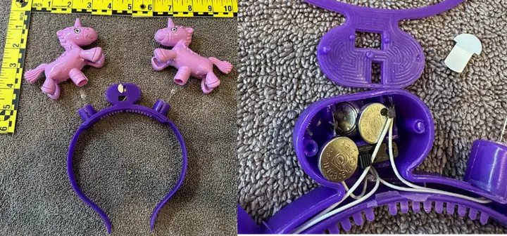 Recalled light-up unicorn headband (Item No. G02-UN) – Headband and close up showing accessible button cell batteries