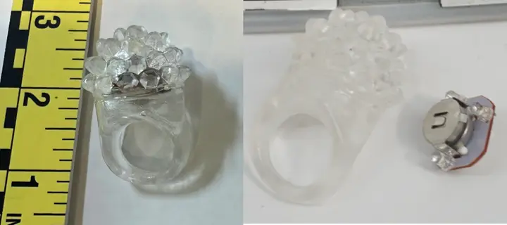 Recalled light-up transparent jelly rings (Item No. PS271) – Ring and close up showing accessible button cell batteries