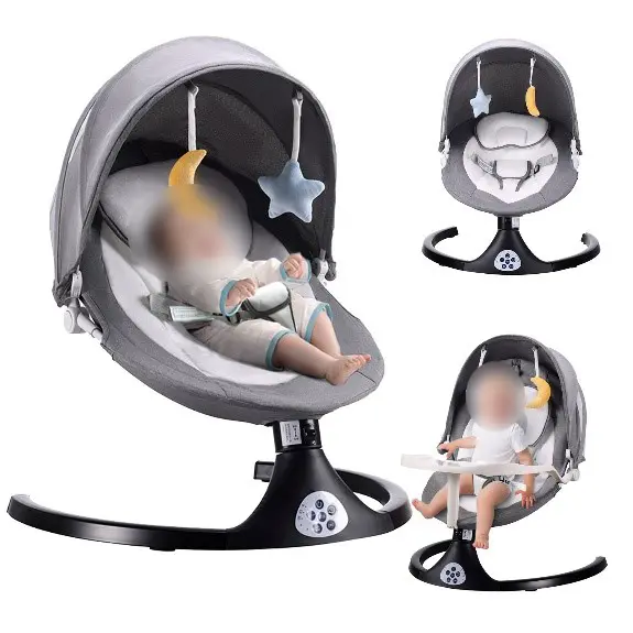 Recalled ZRWD Infant Swing with Gray and White Fabric, Black Base and Plush Toys