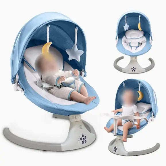 Recalled ZRWD Infant Swing with Blue and White Fabric, White Base and Plush Toys