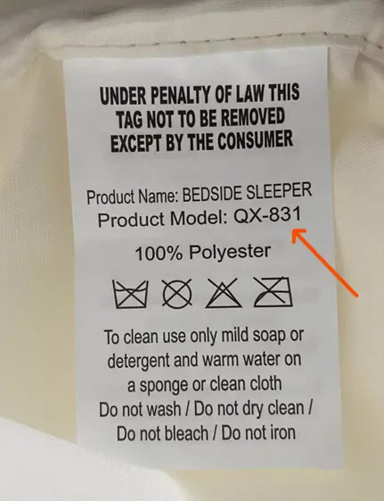"Product Model: QX-831" is printed on a label located on bottom of the convertible bassinets underneath the mattress pad