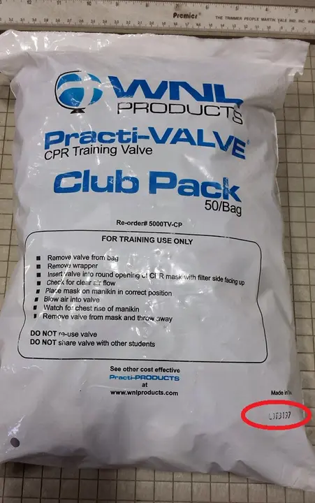 Location of the lot number on Work 'N Leisure Practi-Valve 50/bag