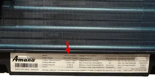 Model AH123J35AA label example