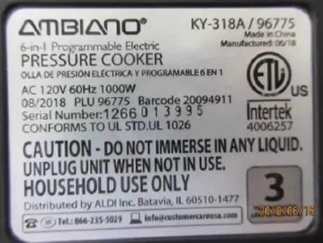 Recalled Pressure Cooker, Model Number 96775 (KY-318A) Rating Label