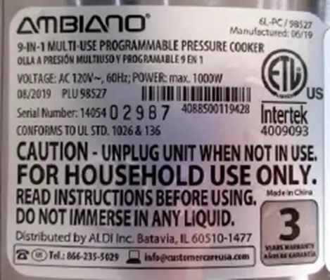 Recalled Pressure Cooker, Model Number 98527 (6L-PC) Rating Label
