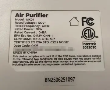Product label with model, date code, and serial number