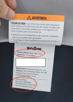 "BICYSTAR" and "Model No.: TB-HC6900" are printed on labels stitched to the back of the recalled Bicystar high chair seat cover