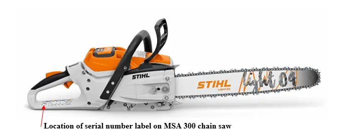 Location of serial number label on MSA 300 chain saw