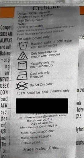 Recalled Criblike Pack and Play Mattress Label XCD-002