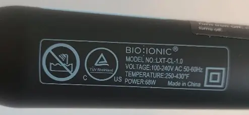 Rating label on recalled hair curling iron