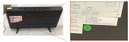 Back panel with label identifying date code and serial number