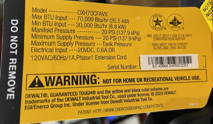 Hang Tag on the recalled DEWALT 70,000 BTU outdoor portable cordless forced air propane heater Model DXH70CFAVX