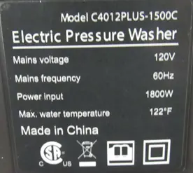 "Model: C4012PLUS-1500C" is printed on a label located on the back of the recalled DGIVOVO US pressure washer