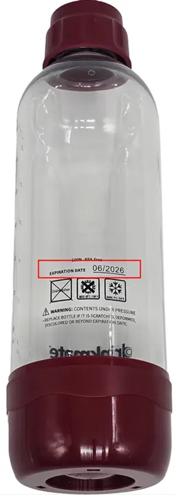 Recalled Drinkmate 1L Carbonation Bottle label with expiration date