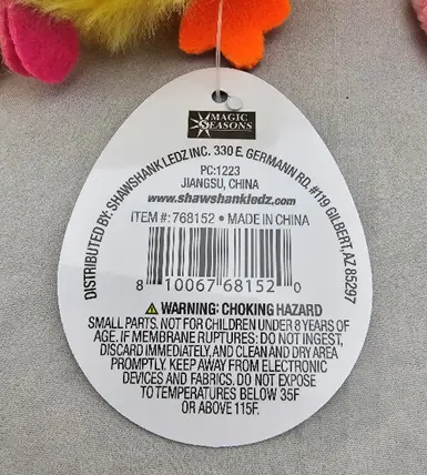 Back of removable hang tag on the recalled Easter Squeezable Toy