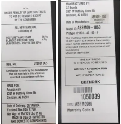 The date of manufacture, SKU and prototype ID are on a white label on the center seam of the foot panel
