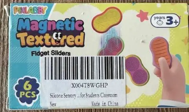 Recalled PIXLABBY Silicone Sensory Magnetic Fidget Sliders, Front of Box