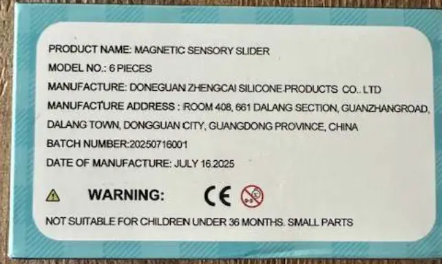 Recalled PIXLABBY Silicone Sensory Magnetic Fidget Sliders, Back of Box